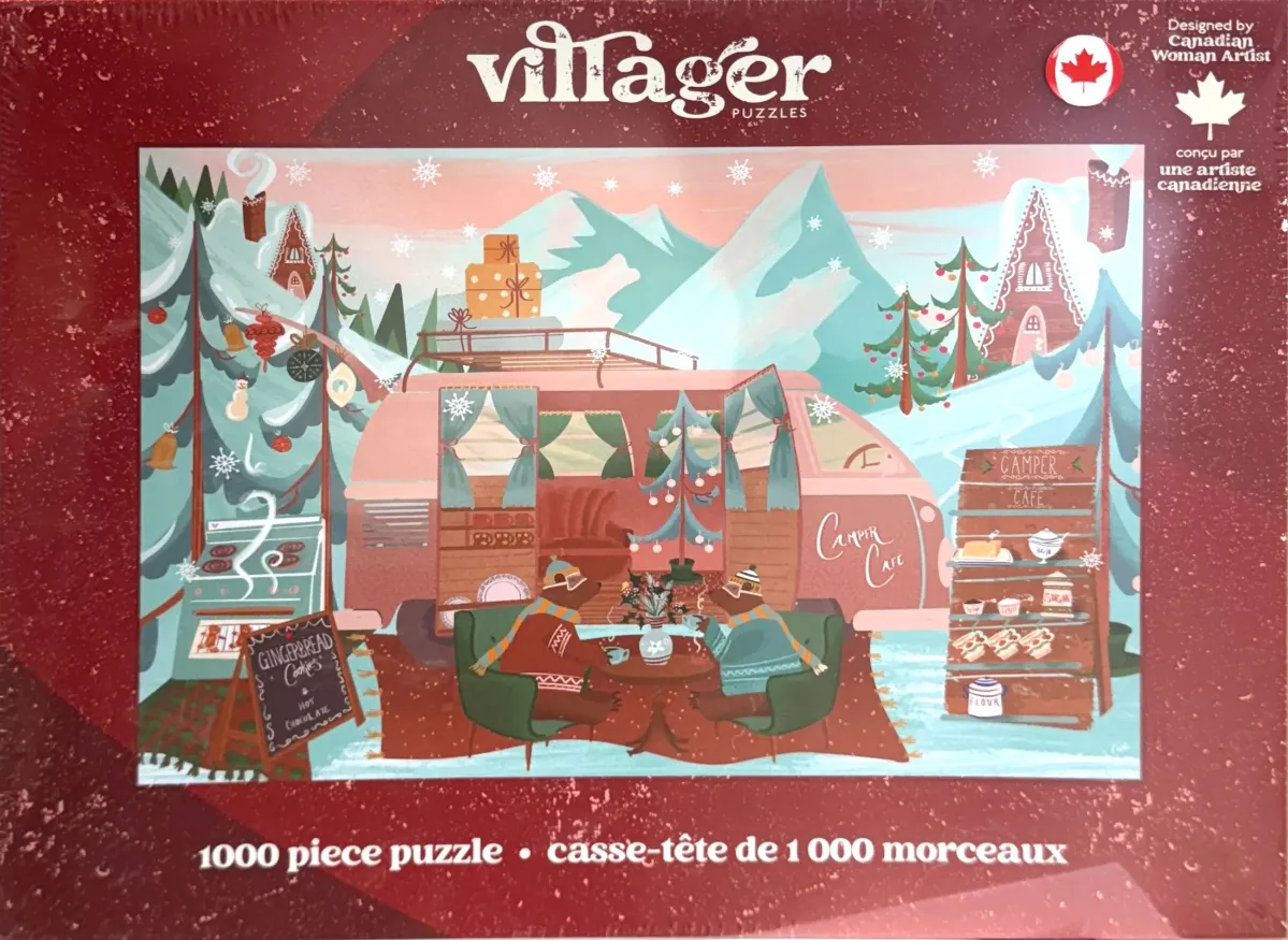 Illustration of two bears at a table outside a pink vintage camper van in a winter wonderland scene.