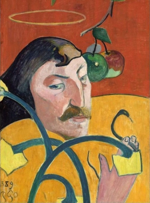A post-impressionist self-portrait with a man, a snake, and apples against a bright red and yellow background.