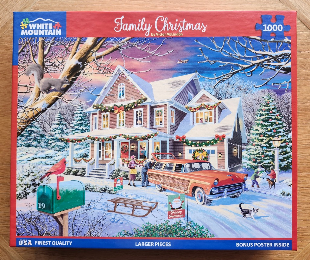 A cozy winter scene featuring a two-story home decorated for Christmas with a classic wood-paneled station wagon.