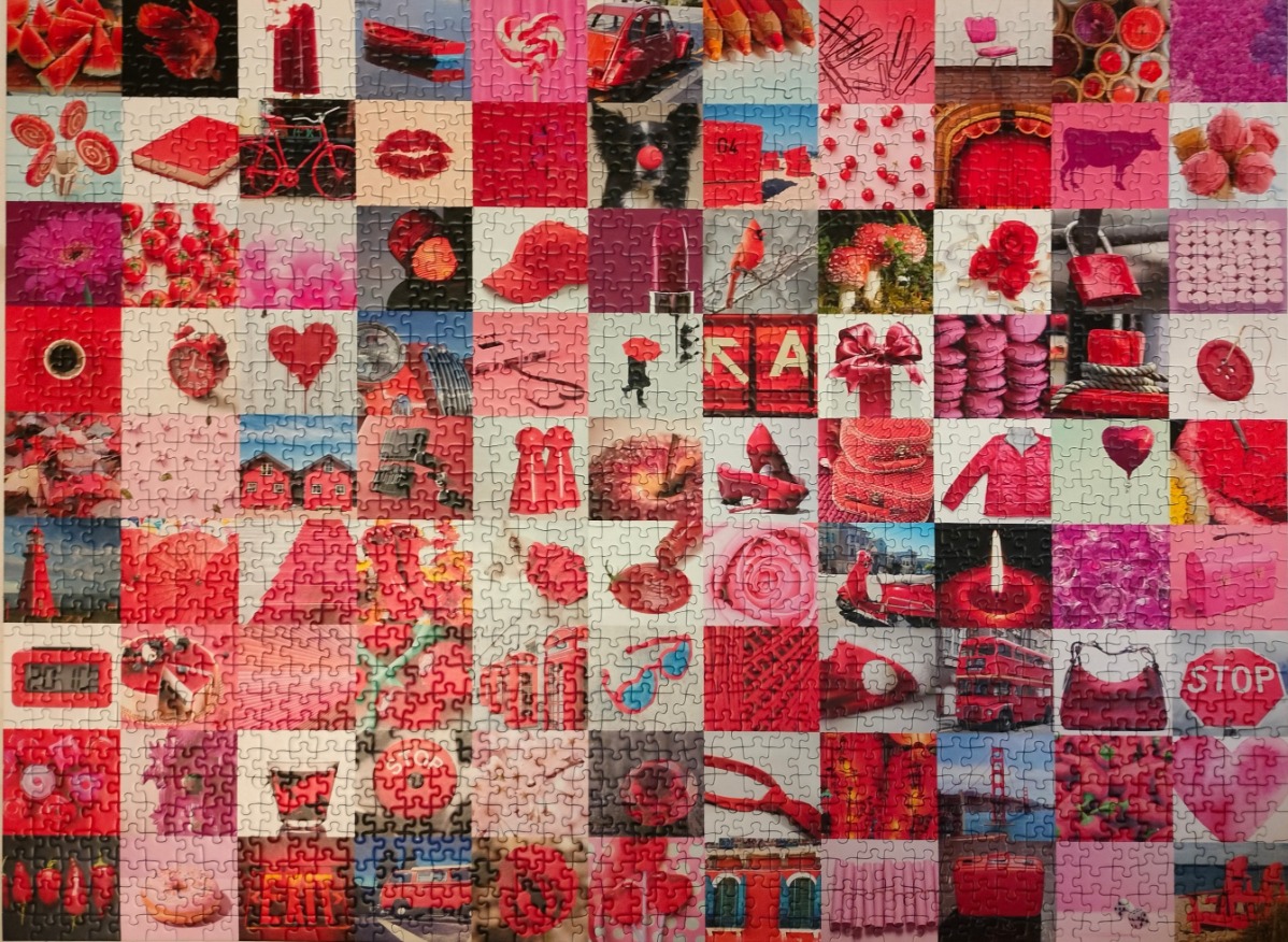A collage of 100 individual squares featuring various objects, animals, and scenes, all in shades of red and pink.