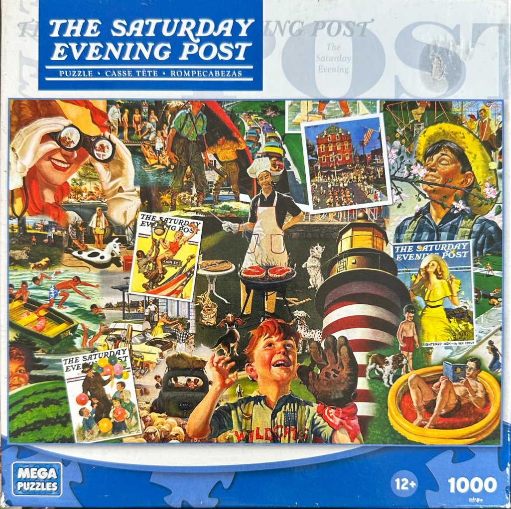 A collage of classic American illustrative scenes depicting leisure, summer activities, and iconic magazine covers.