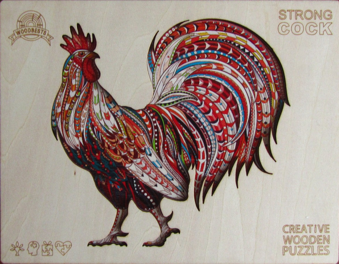 An intricate, colorful illustration of a rooster with patterned feathers on a light wood background.