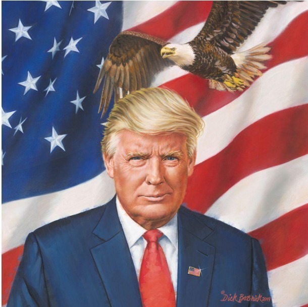 A portrait of Donald Trump in front of an American flag with a bald eagle flying above him.