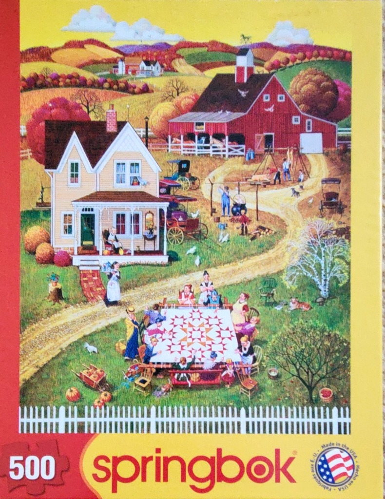 A folk art illustration of a community quilt gathering at a country farm in autumn.