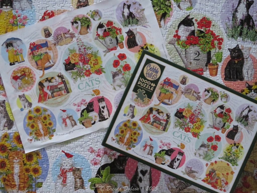 A collage of various cat illustrations in circular frames scattered over an assembled puzzle background.