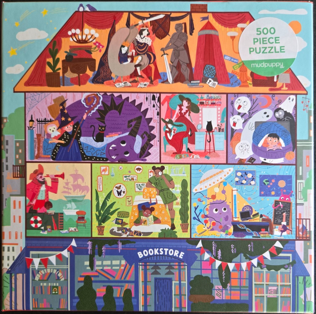 A cutaway illustration of a whimsical bookstore with diverse fantastical scenes in each room.
