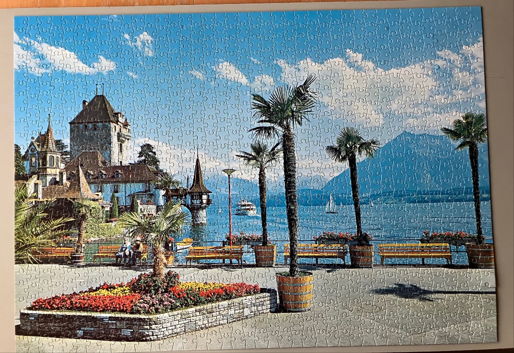 Castle on Lake Geneva with promenade, palm trees, and mountain backdrop