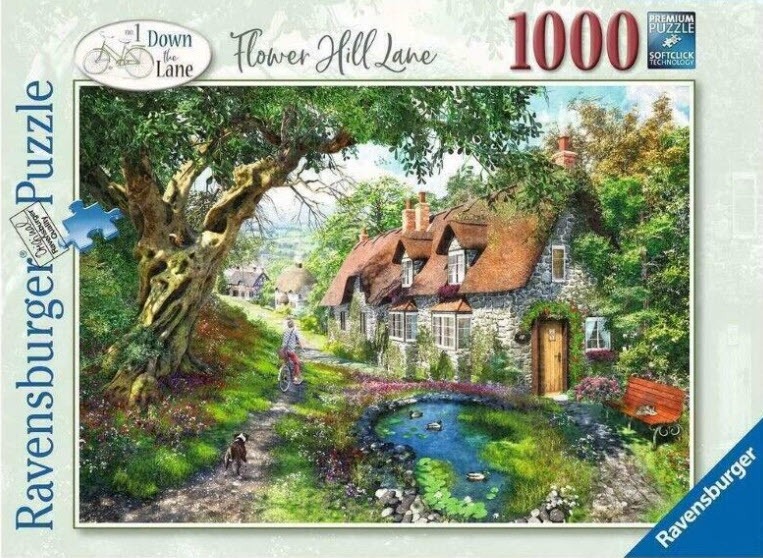 A peaceful English stone cottage scene with a pond, a cyclist, and a large ancient tree in a lush garden.