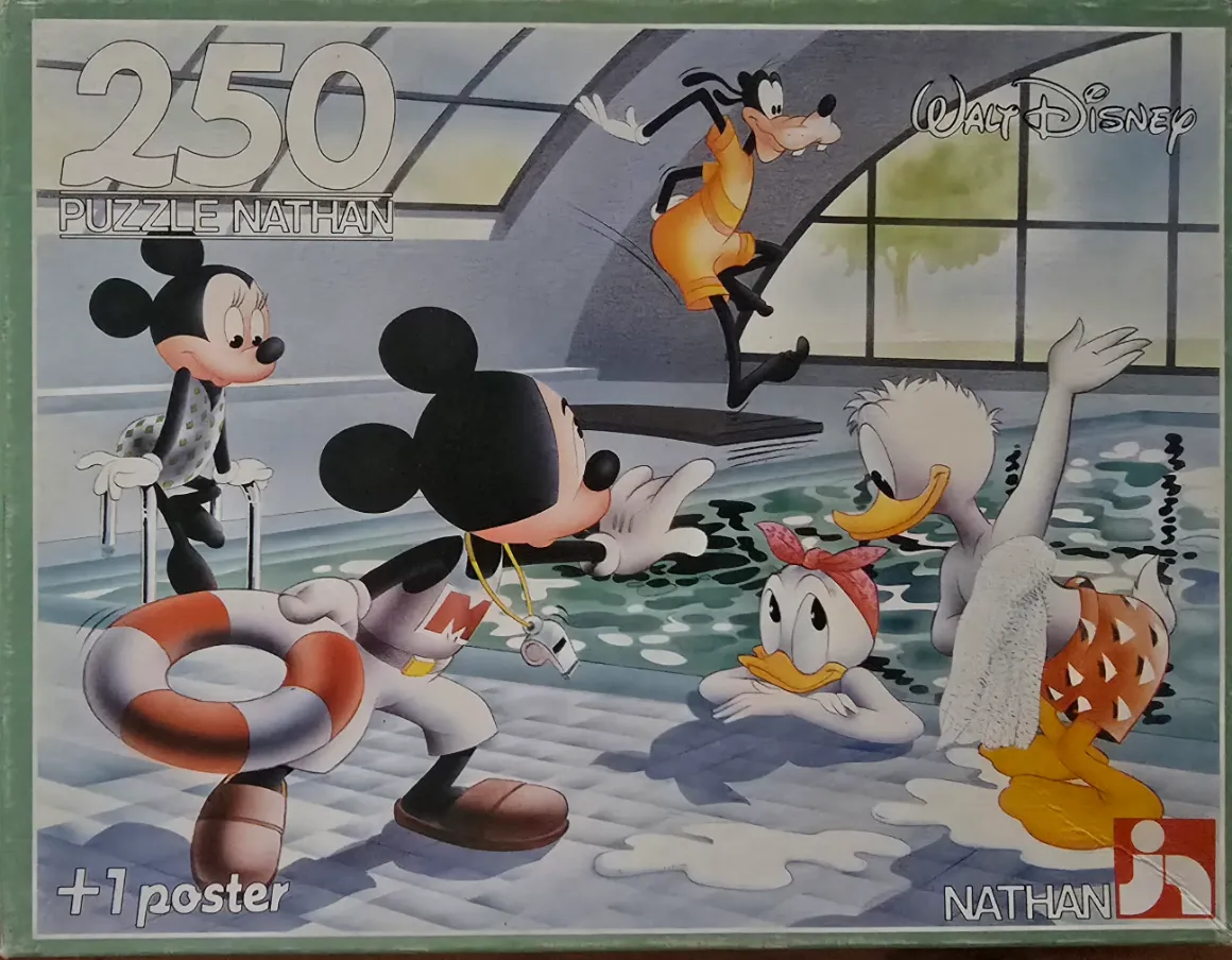 Classic Disney characters Mickey, Minnie, Goofy, Donald, and Daisy enjoying a day at an indoor swimming pool.