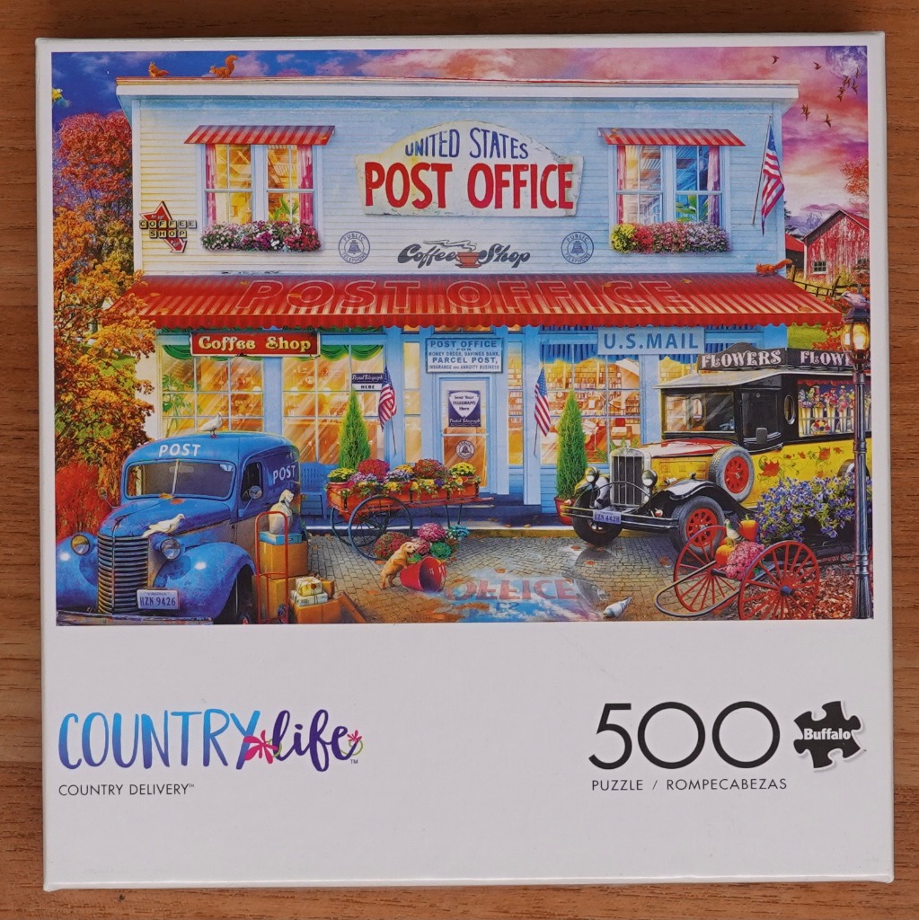 Painting of a charming vintage Post Office and Coffee Shop storefront in a cozy autumn setting with antique vehicles.