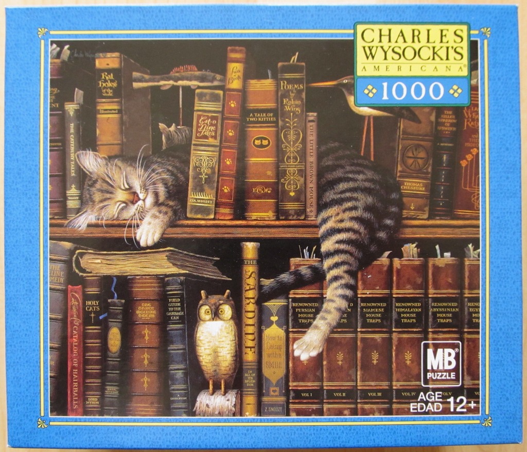 A tabby cat sleeping on a bookshelf full of antique-looking books with whimsical, cat-themed titles.