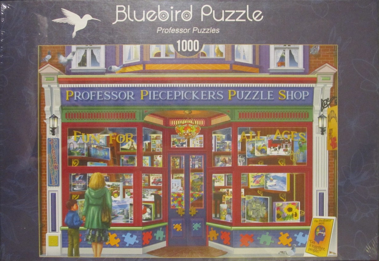 An illustration of a charming puzzle shop storefront with a woman and child looking at the displays in the windows.