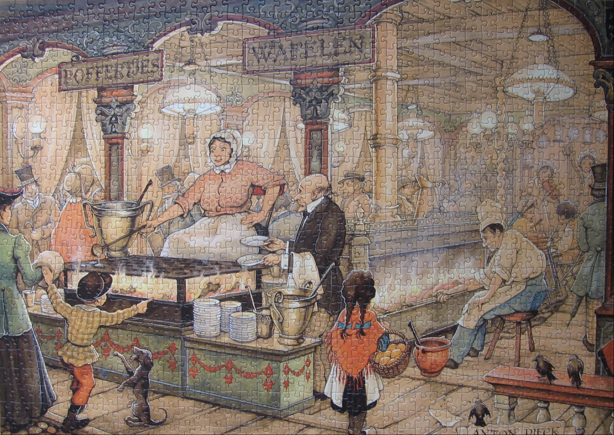 A nostalgic illustration of a busy, old-fashioned Dutch street food stall selling waffles and poffertjes.