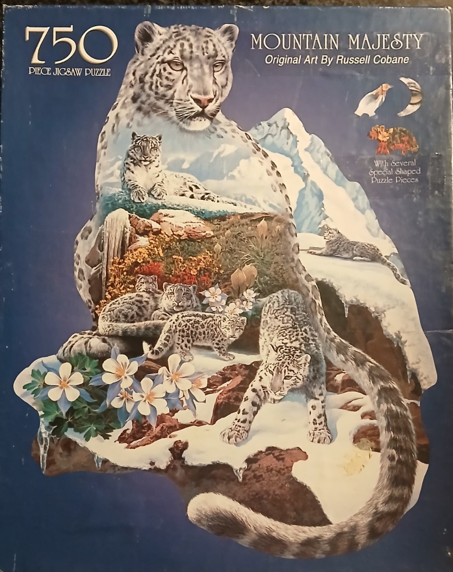 A double-exposure painting of a large snow leopard containing scenes of a snow leopard family in a mountain landscape.
