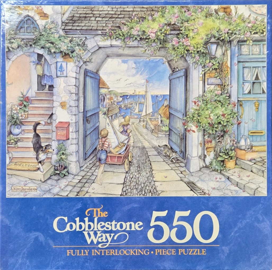 Watercolor illustration of children pulling a toy boat through a stone archway towards a seaside harbor.