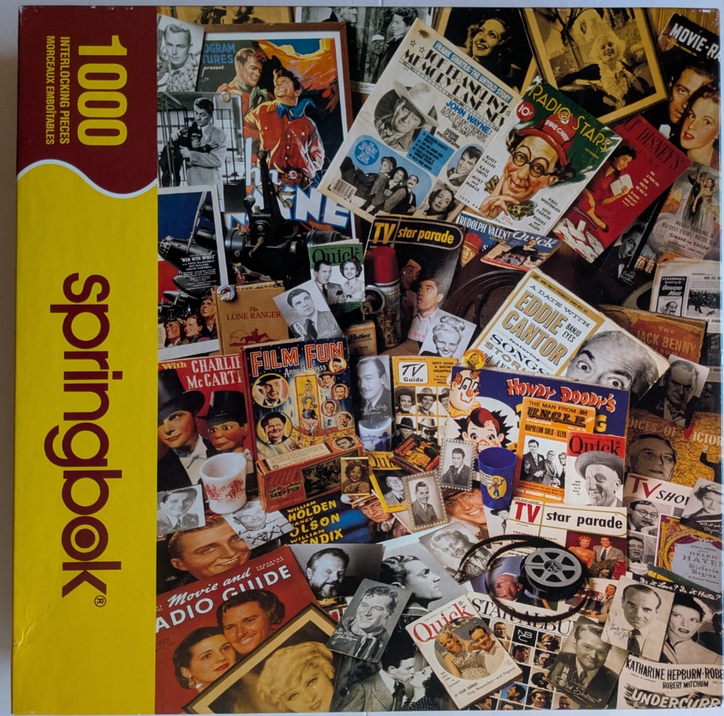 A collage of vintage movie and television memorabilia featuring stars and magazines from the mid-20th century.
