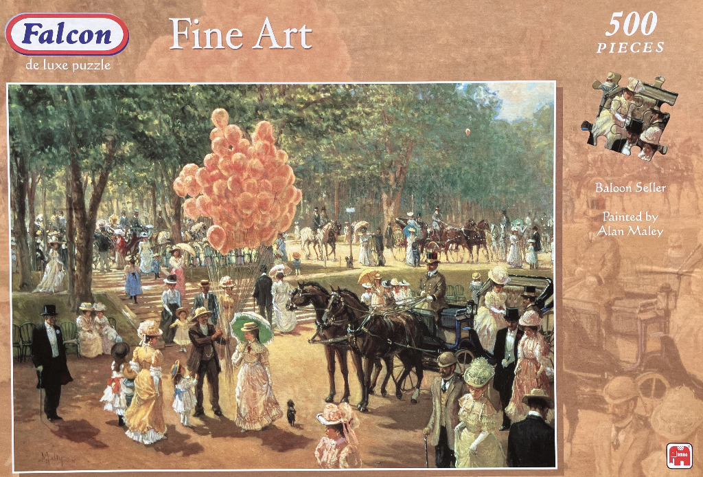 A lush 19th-century park scene featuring a balloon seller, horse-drawn carriages, and Victorian-era figures.
