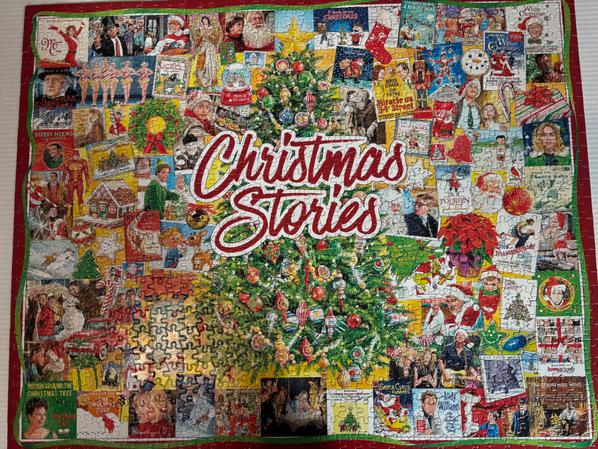 Collage of classic Christmas-themed movie posters, book covers, and music albums centered around a decorated tree.