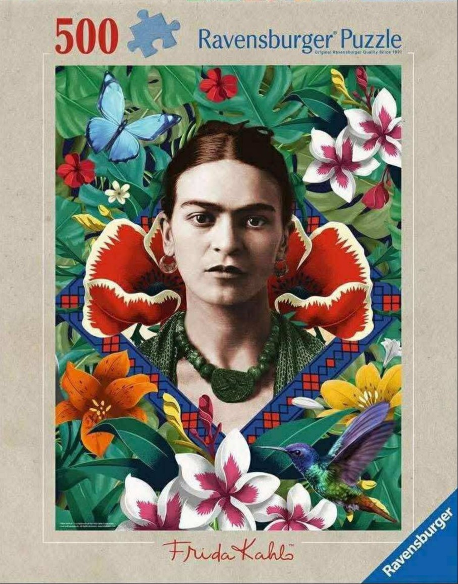 A portrait of Frida Kahlo surrounded by lush tropical flowers, a blue butterfly, and a hummingbird.
