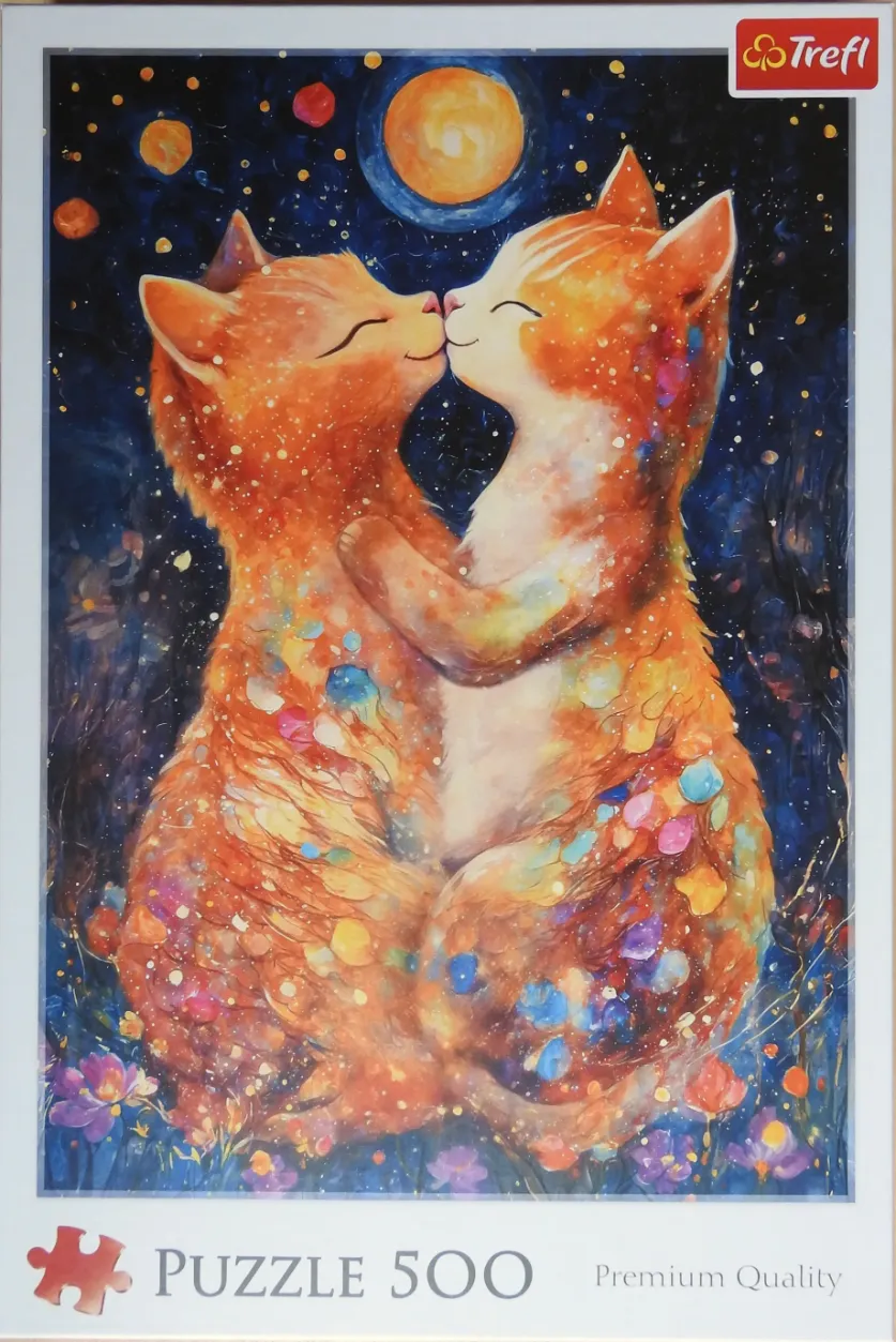 An illustration of two ginger cats embracing and kissing under a starry night sky with a bright yellow moon.