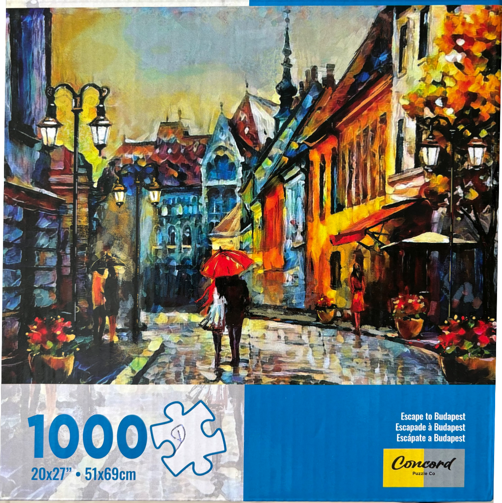 Oil painting of a couple with a red umbrella walking down a rainy cobblestone street in a European city at dusk.