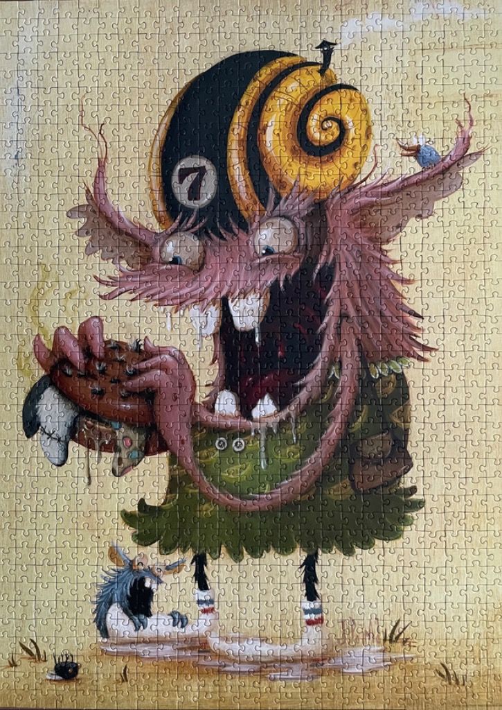 Whimsical illustration of a furry monster eating a burger in a desert setting