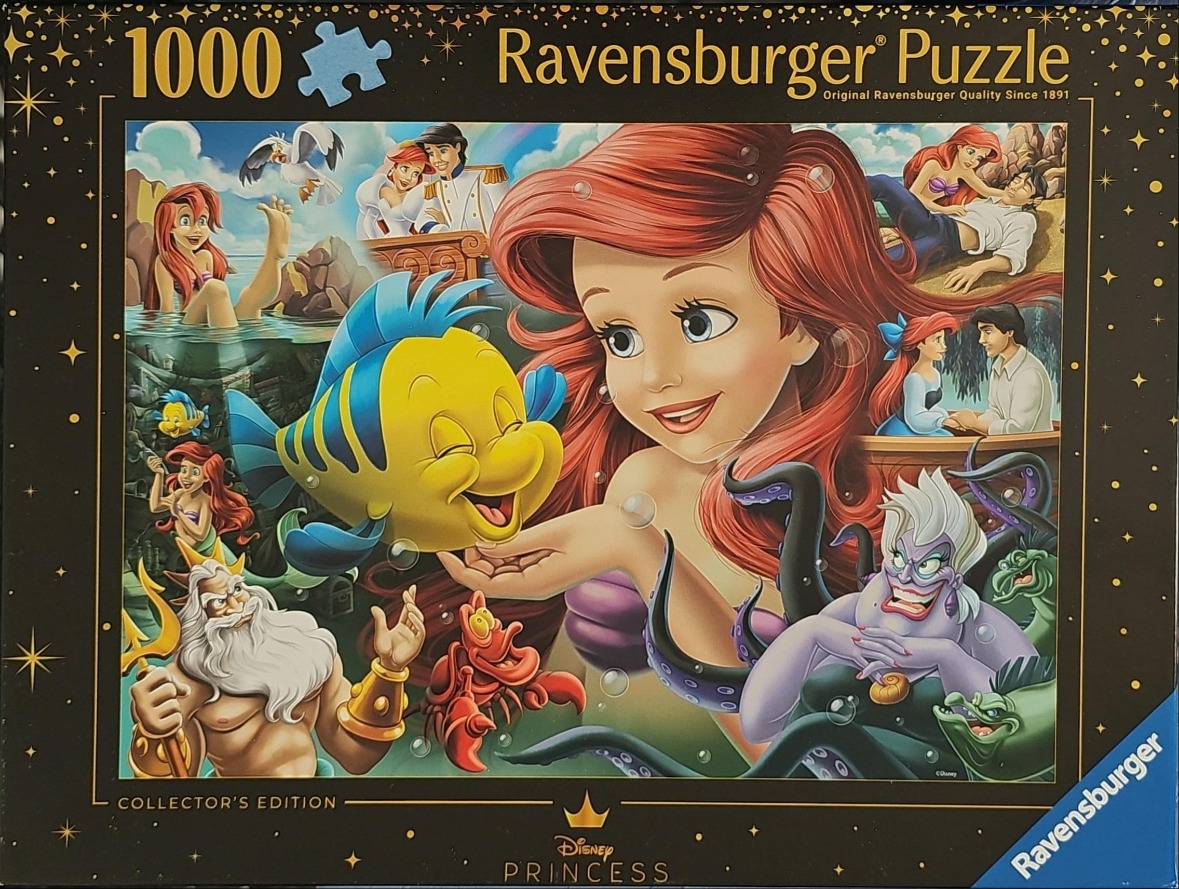 Collage of characters from The Little Mermaid, featuring Ariel, Flounder, Sebastian, King Triton, and Ursula.