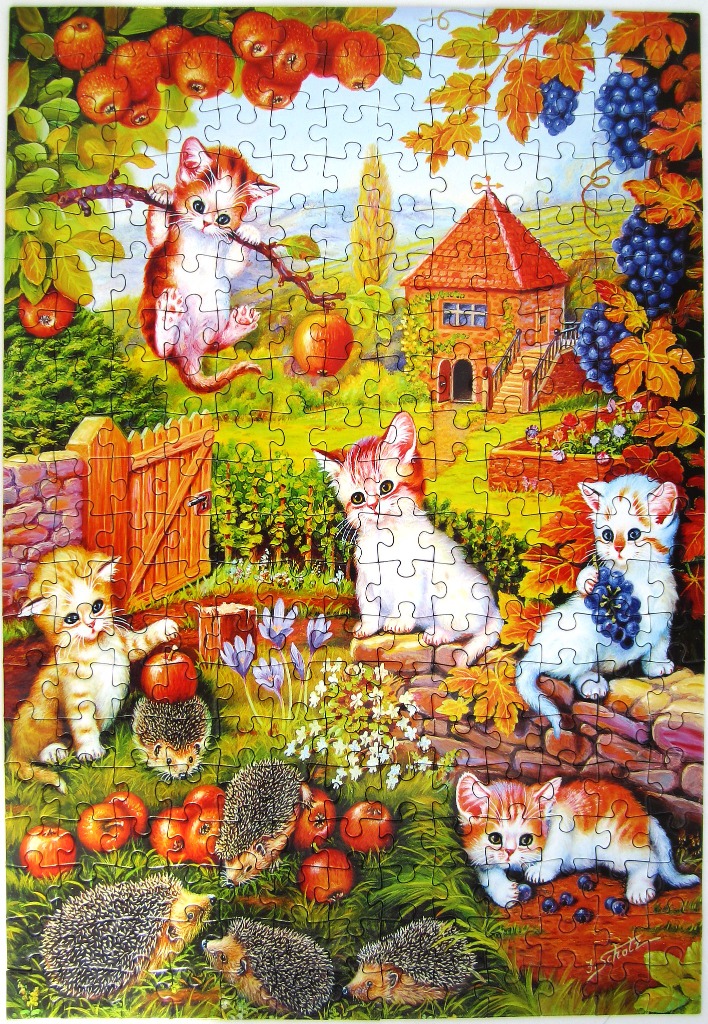 Whimsical autumn garden scene featuring kittens and hedgehogs among apples and grapevines.