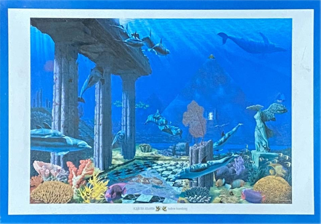 Underwater scene of dolphins swimming through the ruins of a classical city with a pyramid and marble statues.