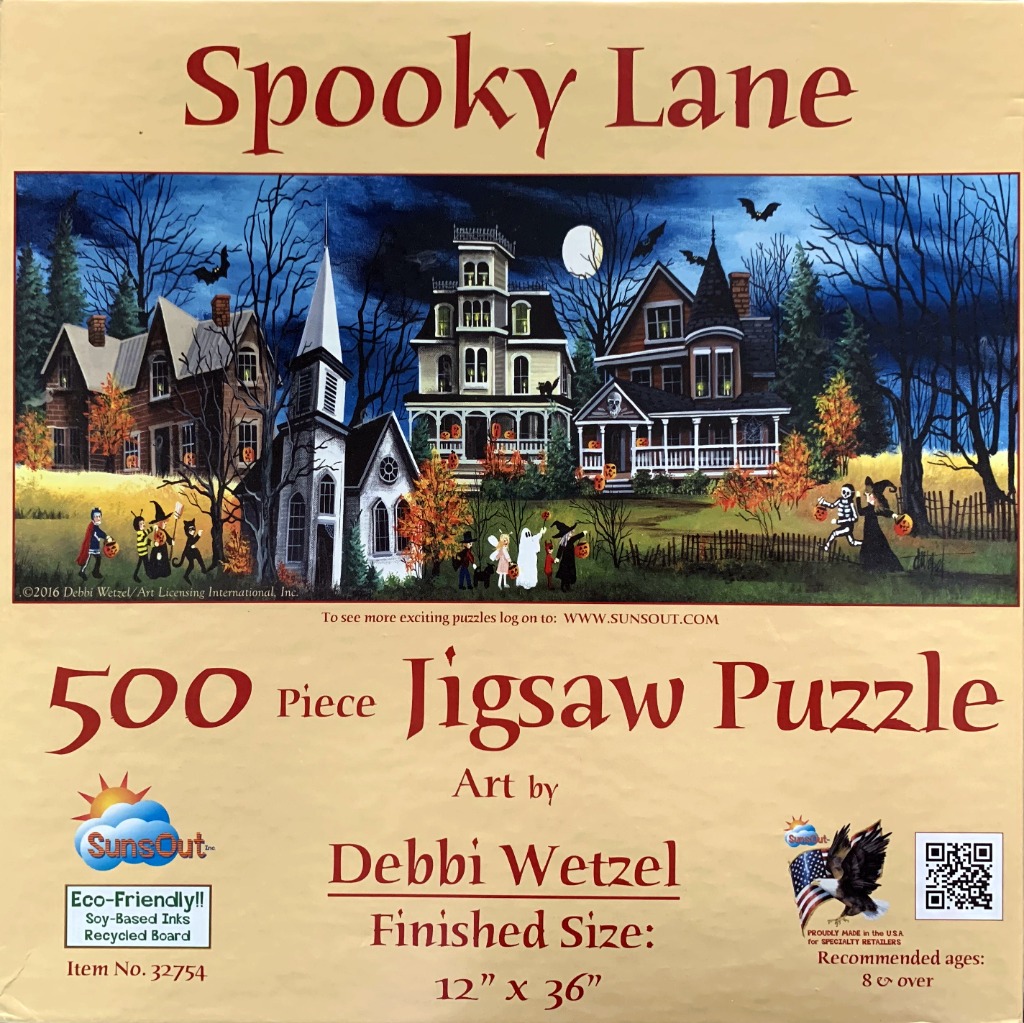 Illustration of a Halloween street scene with a haunted house, church, and trick-or-treaters under a full moon.