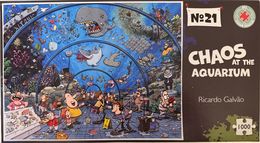 Cartoon illustration of a chaotic, humorous aquarium featuring fish, a diver, and funny visitors in a glass tunnel.