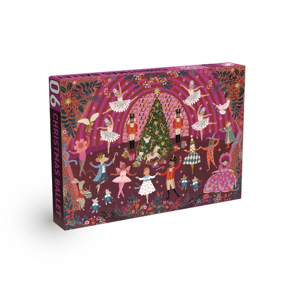 Whimsical illustration of a Nutcracker-themed Christmas ballet scene featuring dancers and animals.