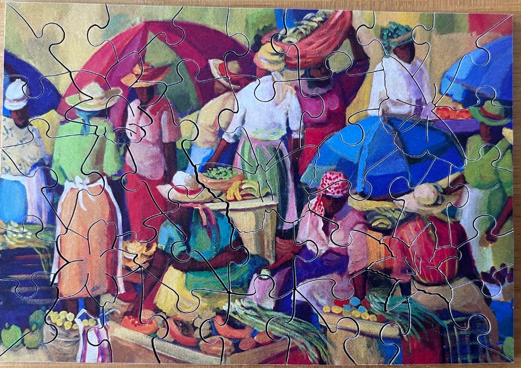 An oil painting of a busy open-air market with vendors wearing hats and colorful clothing.