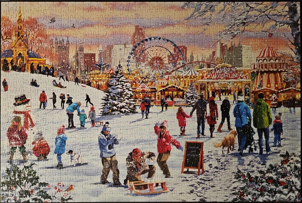 Illustration of a bustling winter wonderland fair in a snow-covered city park.