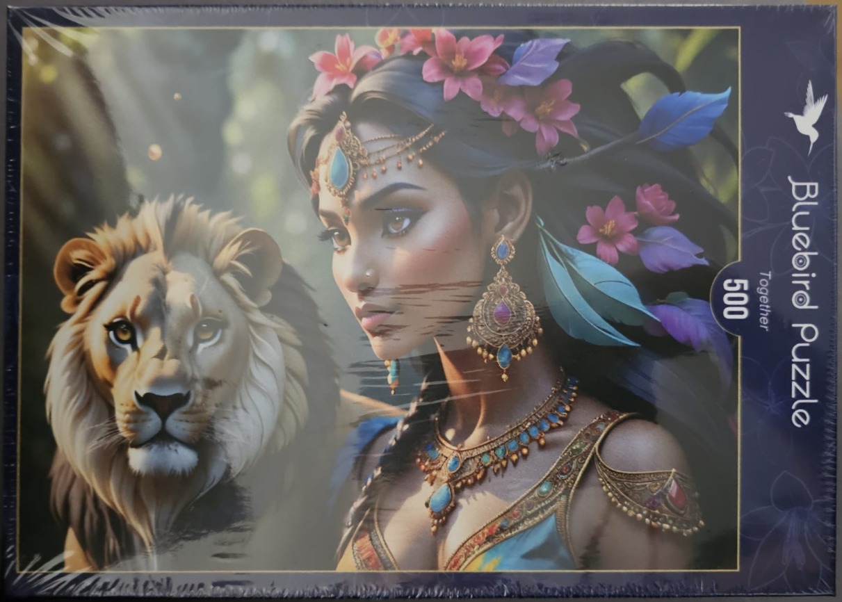 An ethereal illustration of a woman adorned with tropical flowers and jewels standing beside a majestic male lion.