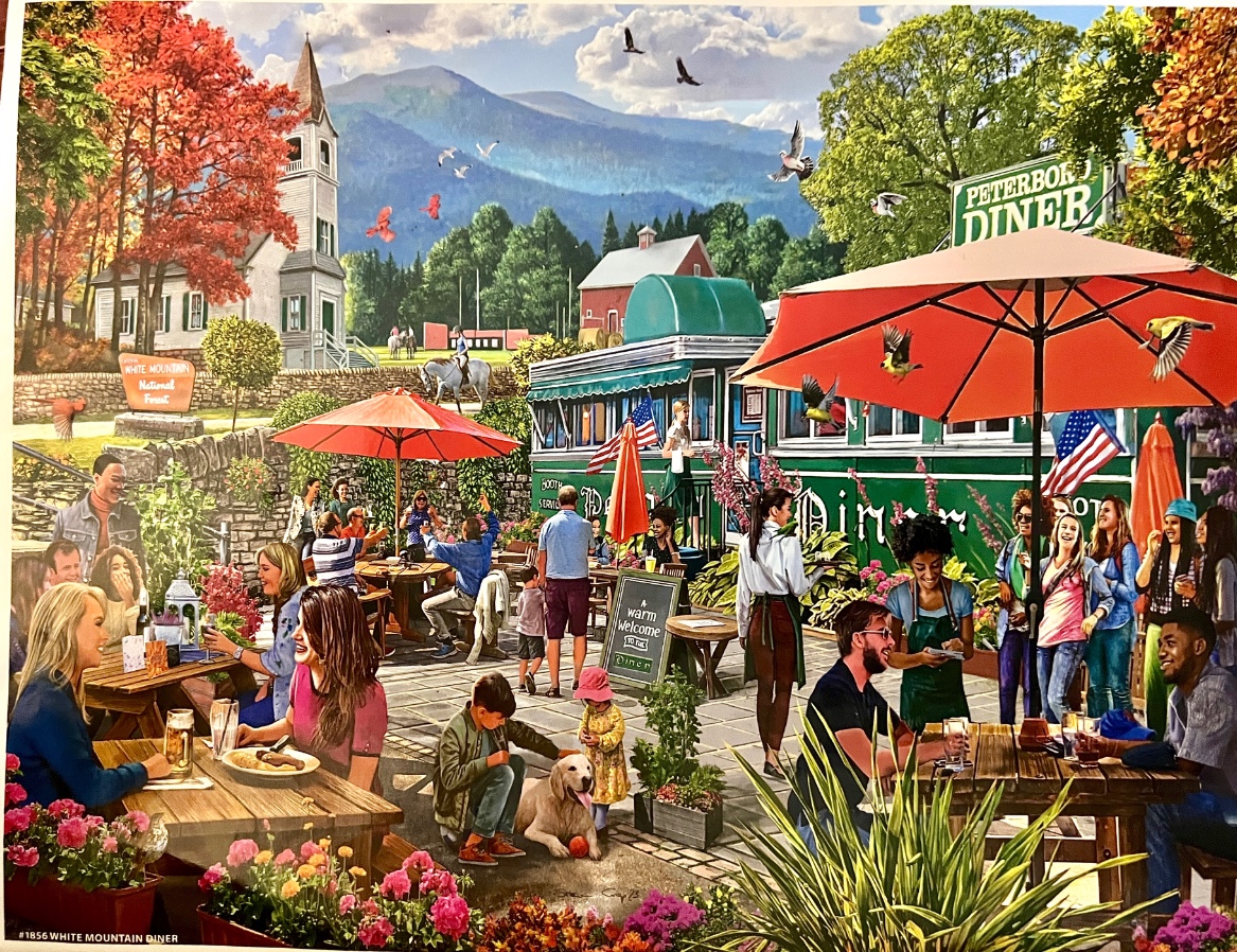 A lively outdoor patio scene at a diner with diners, a horse, and mountain views in autumn.