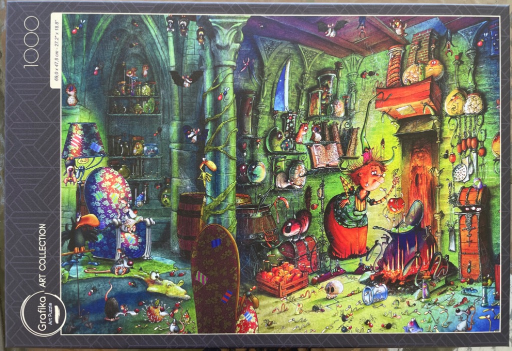 Cartoon illustration of a whimsical witch brewing a potion in a vibrant, cluttered stone room filled with creatures.