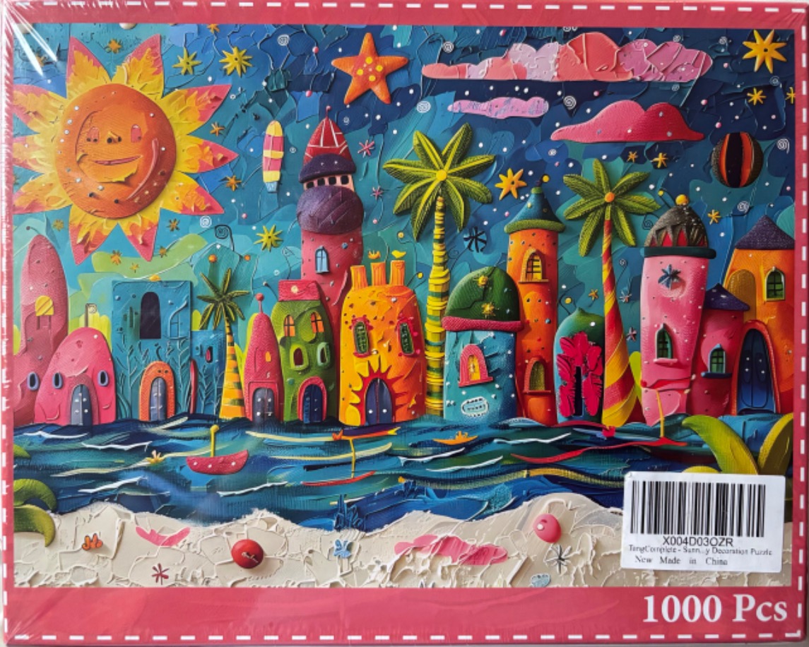 Whimsical, textured painting of a coastal town with a large smiling sun against a deep blue starry sky.