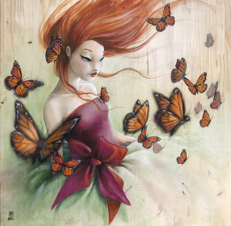 A whimsical illustration of a red-haired woman surrounded by orange monarch butterflies against a wood-grain background.