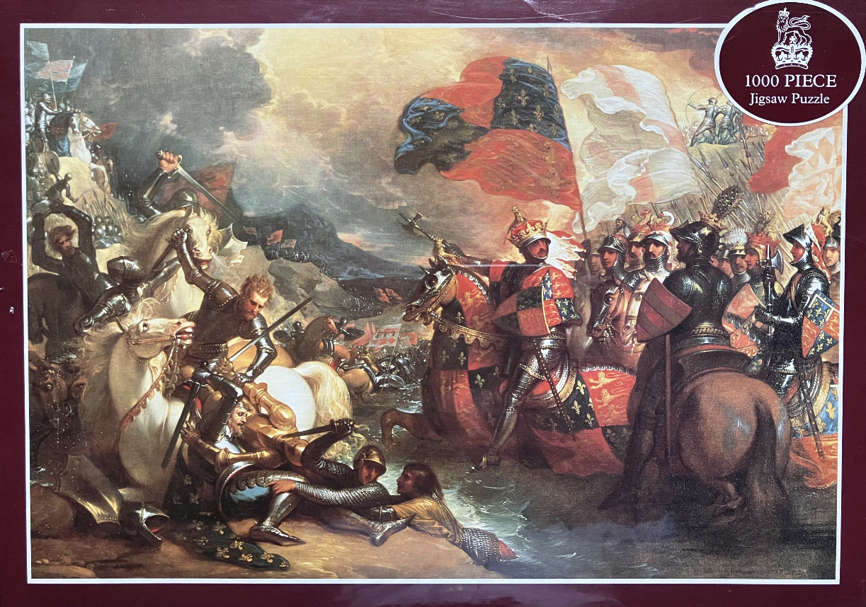 An oil painting depicting a medieval battle scene with armored knights on horseback and soldiers fighting in a river.