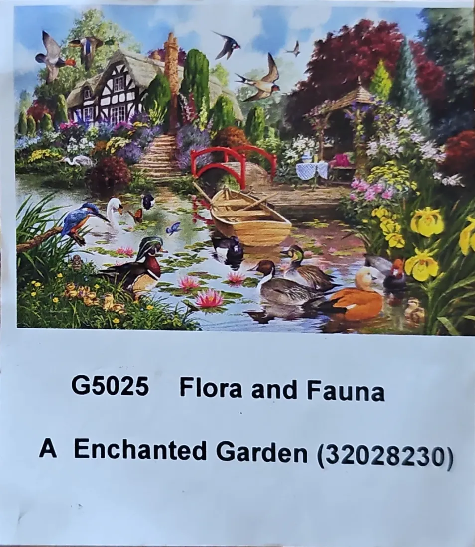 A lush garden scene with a thatched cottage, a small wooden boat on a pond, and various colorful birds and waterfowl.