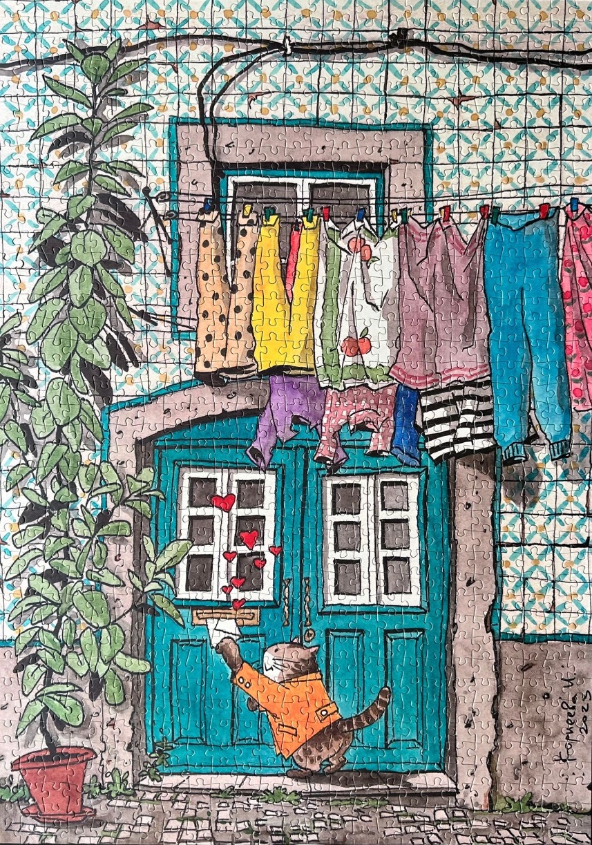 A whimsical illustration of a cat wearing a yellow coat putting a letter in a teal door, with clothes hanging above.