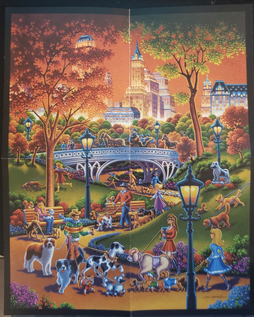 A vibrant autumn scene in a city park filled with people walking various dog breeds beneath a glowing skyline.
