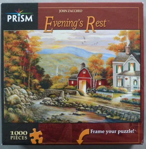 A peaceful rural landscape with a red barn, a white house, and a stream during autumn twilight.