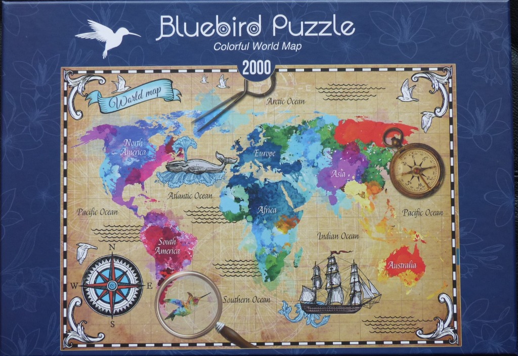 A whimsical world map with watercolor-style continents, an antique compass, a magnifying glass, and a sailing ship.