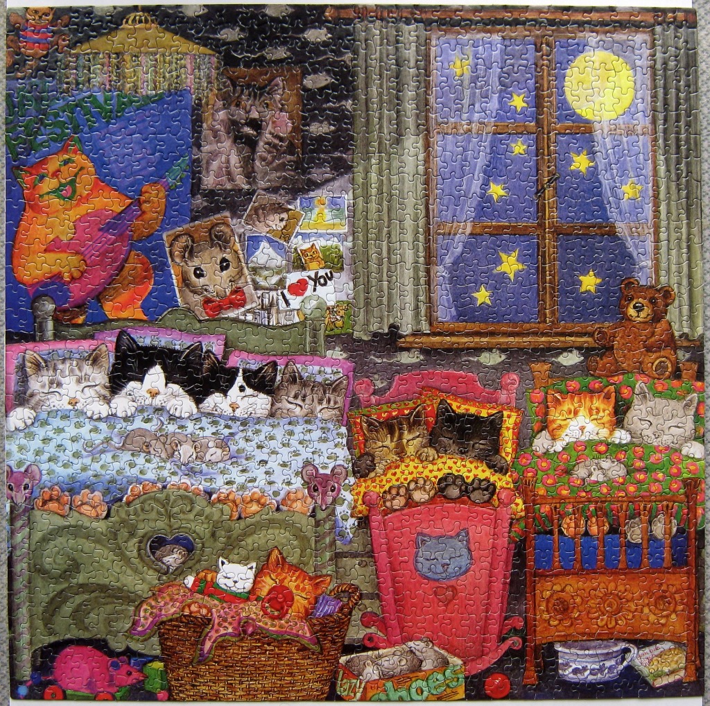 Whimsical illustration of numerous cats sleeping in various beds and a guitar-playing cat in a moonlit room.