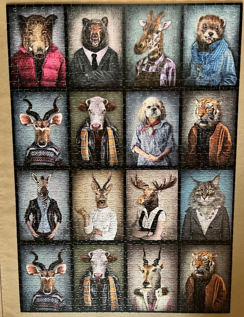 A grid of sixteen anthropomorphic animals dressed in human clothing in a portrait gallery style.