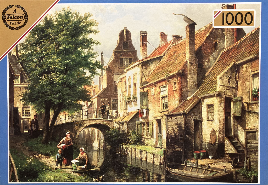 An oil painting of a 19th-century Dutch canal scene with red-brick houses, a stone bridge, and people doing laundry.