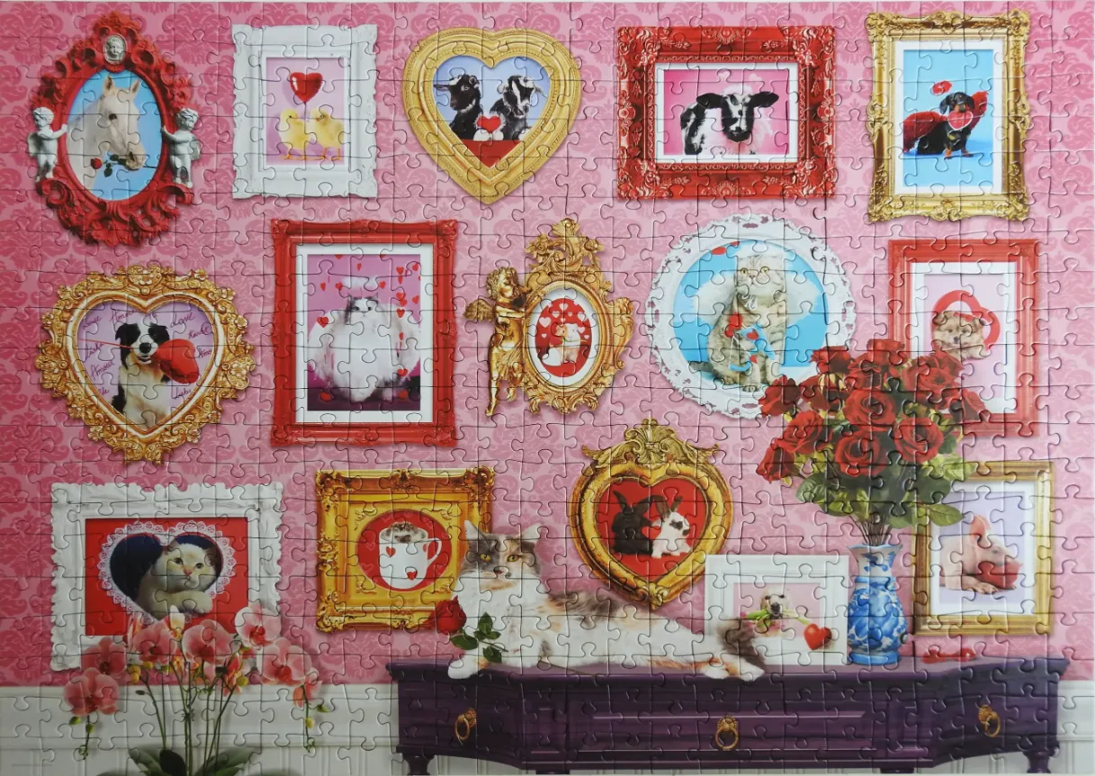 A whimsical gallery wall featuring framed portraits of animals with hearts, flowers, and romantic motifs.