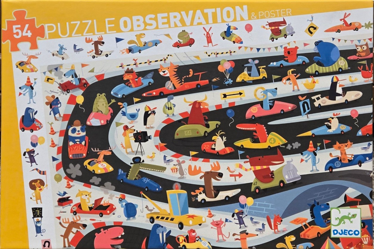 A cartoon illustration of anthropomorphic animals driving colorful race cars on a winding track.